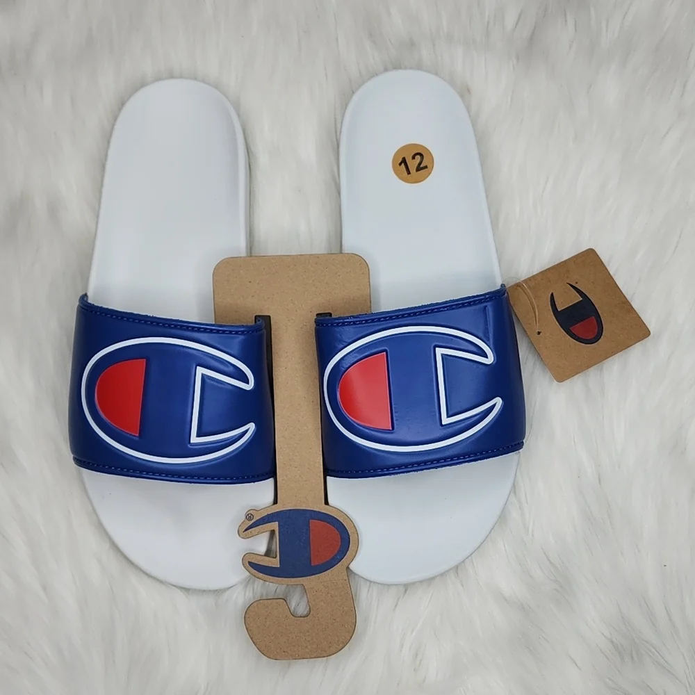 Champion IPO Royal White Slides Sandals Flip Flops